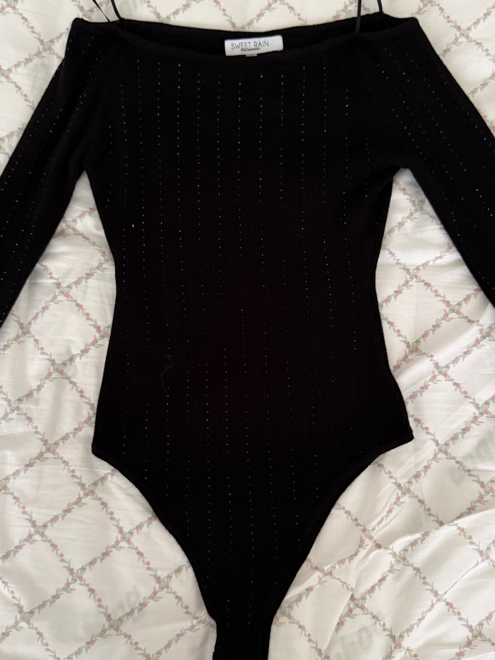 Sweet Rain Black Ribbed Off-Shoulder Long Sleeve Bodysuit